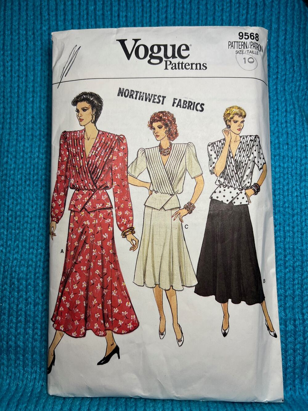 Vogue Sewing pattern 9568 blouse pleat front peplum swing skirt 1980s size 10
